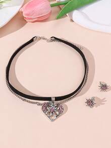 1pc Elegant Rhinestone Snowflower Pendant Necklace & 1 Pair Snowflower Earrings, Suitable For Women, Beer Festival, Daily, Holiday Outfits