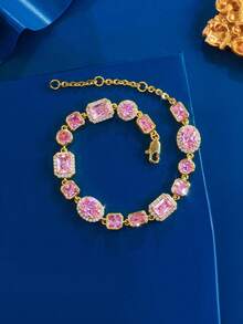1pc Adjustable Size Sparkling Square & Round Pink Cubic Zirconia Chunky Luxury Chain Bracelet For Women, Daily, Party, Holiday Jewelry Gift