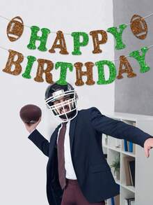 1pc Green Brown Football Happy Birthday Pull Flag Banner, Football Themed Birthday Pull Flag, Sports Themed Happy Birthday Party Decoration Banner, Football Themed Baby Shower Party Decoration Pull Flag - Green + Brown - View 3