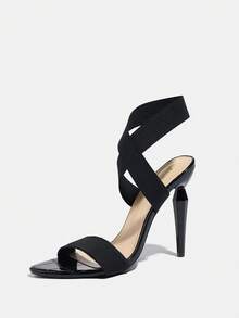 Jin Bei Qi Women's High Heel Shoes, Suitable For Spring, Summer, Night Parties, Gatherings, Outdoor, Fashion, Elegant, High-End Banquet, Electroplated Black Thin High Heel, Round Toe, Shiny, Transparent Strap , Elastic Strap With Large Stone Texture Material, Sexy, Elegant, Luxurious Black High Heel Sandals, Suitable For Commuting, Paired With Autumn Women's Clothing - Black - View 7