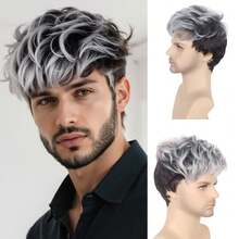 Short Brown Wigs For Men Curly Layered Natural Looking Side Part Hair Heat Resistant Synthetic Wigs With Wig Cap A Greyish-White Men's Wig
