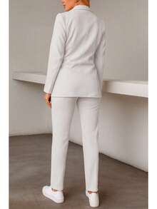 Elegante conjunto de traje liso de manga larga con cuello chal y doble botón para mujer, con bolsillos, para oficina y trabajo. - Blanco - Ver 4