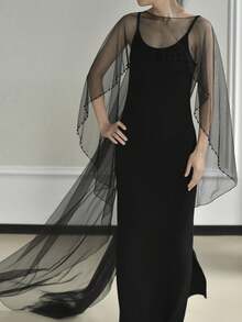 1 pieza Chal nupcial largo, Capa sencilla con decoración de perlas falsas, Adecuado para accesorios de vestido de novia, Accesorios para vestidos de gala