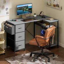 HLONONE Desk 120/140 Cm With 3 Fabric Drawers & Storage Bag, Corner Computer Desk With Shelves For Office & Home Office, 4 Colors - 灰色 - 查看 6