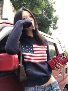 复古美国国旗图案宽松圆领套头针织毛衣 - 藏藍 - 查看 2