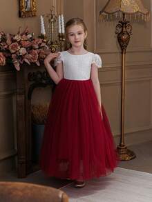 酒红色优雅公主 V 领蕾丝边网眼派对礼服，适合女孩的生日派对、宴会、晚会、婚礼、花童、伴娘 - 酒紅色 - 查看 6