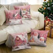 4pcs Pink Christmas Cabin Printed Cushion Cover Set, 45*45cm - Multicolor - View 6
