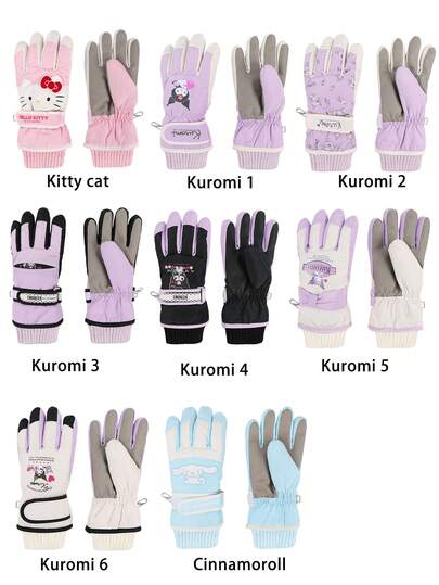 Sanrio زوج من القفازات الحرارية المبطنة المقاومة للماء والمناسبة للدراجات والتزلج والأنشطة الخارجية ذات نمط سانريو، مناسبة للخريف والشتاء