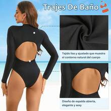 KTMOUW Trajes de Baño Mujer Completo Bañadores de Una Pieza para Mujer Deportivo Traje de Baño Manga Larga de Protección Solar Adecuado para Playa, Surf, Natación - Negro - Ver 10