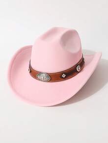 1pc Women's Fashion Solid Color Brim Felt Hat, Paired With Wide Silver Cowhead Belt Decor, Unique Western Cowboy Hat, Versatile For All Seasons, Outdoor Party & Casual Wear, Unisex