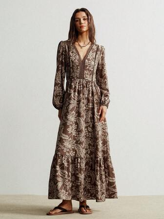 Rusttydustty Bohemian Style Hollow Lace V-Neck Casual Long Sleeve Classic Brown Dress, Suitable For Easter Beach Outfit, Hawaiian Coachella Music Festival Tropical Vacation, Christmas, New Year, Valentine's Day And Other Occasions