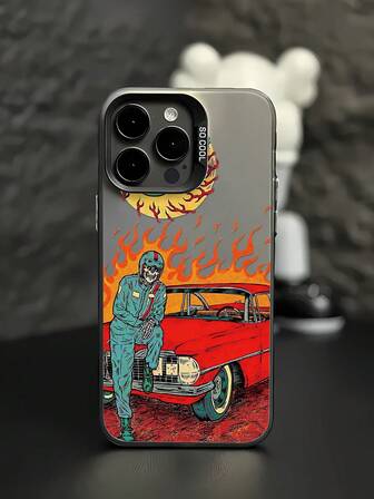 1pc Personalized Racing Skeleton Painting Pattern Black & Silver Phone Case Compatible With IPhone 16/16Pro/16Plus/16ProMax, 11/11Pro/11ProMax, 12/12Pro/12ProMax, 13/13Pro/13ProMax, 14/14Plus/14Pro/14ProMax, 15/15Pro/15Plus/15ProMax