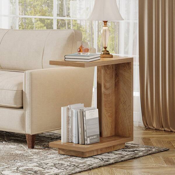 Tribesigns Mesa de centro en forma de C, mesa auxiliar estrecha con 2 niveles y base resistente, mesa auxiliar de sofá industrial para sala de estar, dormitorio, marrón