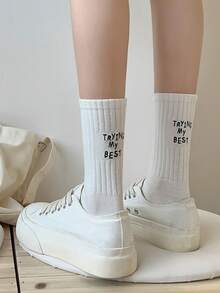 1pair Women Slogan Embroidered Fashionable Crew Socks For Daily Life - White - View 1
