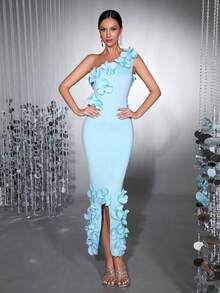 全新优雅 3D 花卉装饰修身单肩无袖蝴蝶结连衣裙，适合婚礼宾客、伴娘、节日派对、正式晚礼服 - 藍色 - 查看 2