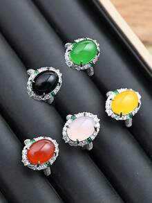 2025 新款天然玛瑙玉戒指，半透明玉髓镶嵌戒指，女士婚礼订婚珠宝戒指，学生和最好的朋友可调节 INS 风格戒指，礼物，经典凸圆形闪亮方晶锆石玫瑰金水晶戒指 - 戒指 - 查看 12