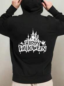Men's Black Halloween Hoodie With Spooky Castle, Bats & Happy Boo Print - Warm Casual Sweatshirt, Hooded Pullover For Fall Winter Costumes, Parties, Outdoor Activities - Machine Washable Gothic Sw,Fall Hoodies,Men's Fall Clothes,Street Wear,Halloween,Mens Hoodies,Y2k Clothes,Jesus Hoodie,Thanksgiving Day,Nightmare Before Christmas,Christmas - 黑色 - 查看 1