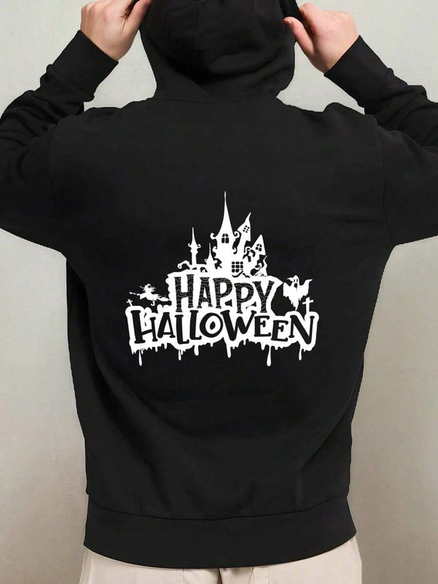 Men's Black Halloween Hoodie With Spooky Castle, Bats & Happy Boo Print - Warm Casual Sweatshirt, Hooded Pullover For Fall Winter Costumes, Parties, Outdoor Activities - Machine Washable Gothic Sw,Fall Hoodies,Men's Fall Clothes,Street Wear,Halloween,Mens Hoodies,Y2k Clothes,Jesus Hoodie,Thanksgiving Day,Nightmare Before Christmas,Christmas - 黑色 - 查看 1