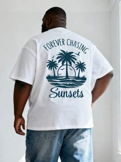 Plus Size Men's New Casual Personalized Holiday Coastal Graphic Print Short Sleeve T-Shirt, Suitable For Travel/Vacation/Outdoor Camping/Sports