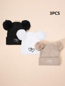 3pcs/1pc Embroidered Double Pom Pom Heart Knit Beanie, Ski Warm Baby Boys Girls Unisex Hats, Y2K Style Outdoor Cold-Proof Knit Cap, Casual Versatile Winter Warm Beanies, Suitable For Costume Kids