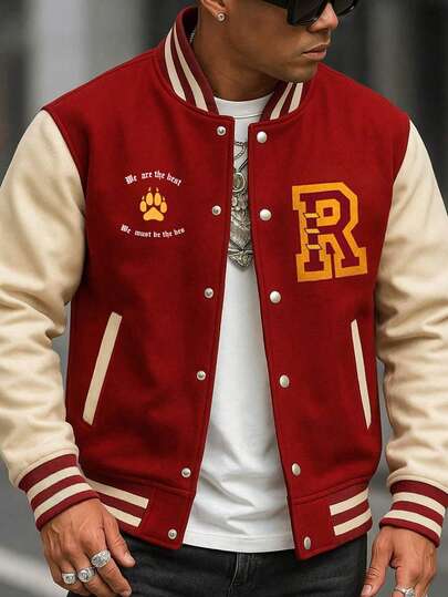 男士撞色印花棒球夹克，年轻学生时尚休闲户外装，长袖飞行员夹克，春秋季