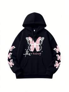 女士秋冬新款简约ins风甜美蝴蝶印花休闲百搭卫衣（黑色） - 黑色 - 查看 12