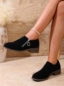 Scarpe da donna con punta affusolata, slip-on con suola spessa, punta tonda con cerniera laterale, leggere e alla moda, in colore unito, casual e adatte per abiti, con tomaia in finta pelle scamosciata morbida e confortevole, adatte per tutte le stagioni e occasioni