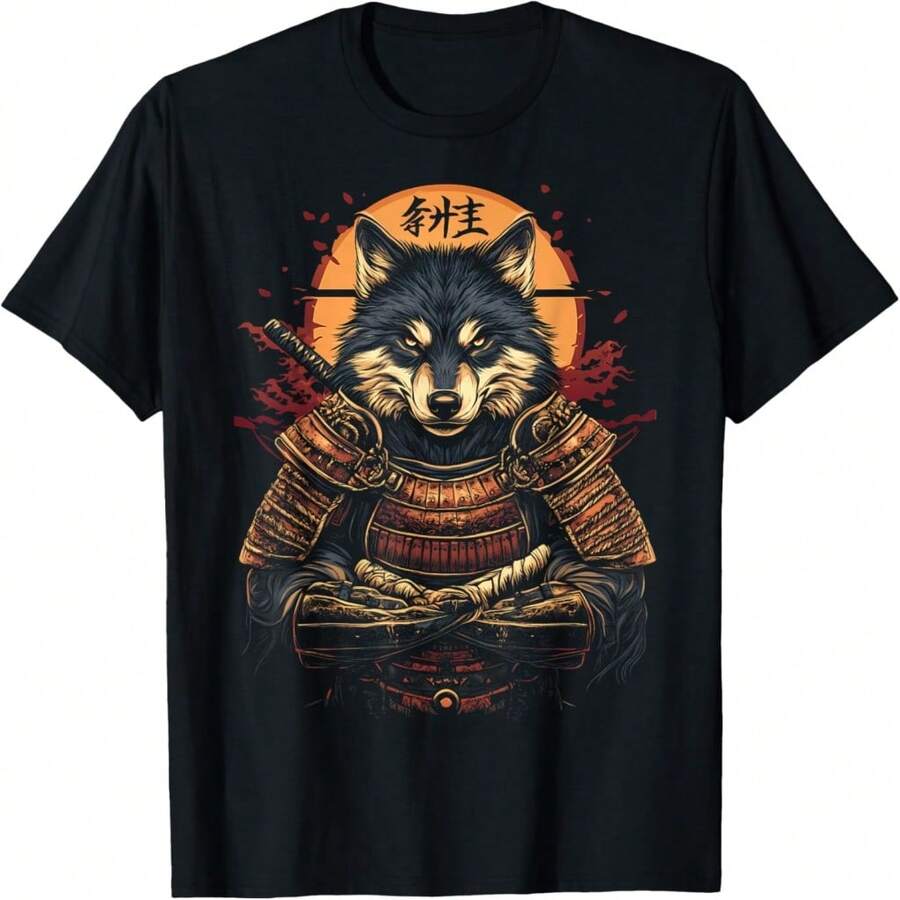 Japanese Samurai Wolf Kanji Samurai Warrior Wolf T-Shirt - 黑16 - 查看 1