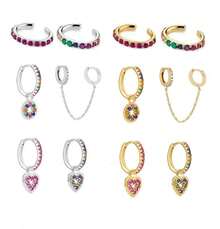 6pcs High Quality Colorful Cubic Zirconia Heart Dangle Earrings For Women - Prata+Ouro - Xem 1