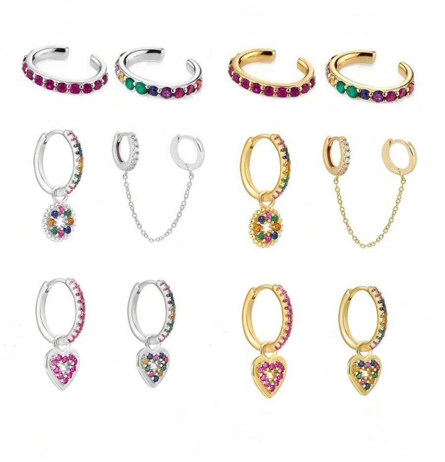 6pcs High Quality Colorful Cubic Zirconia Heart Dangle Earrings For Women - Prata+Ouro - Xem 1