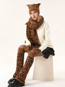 4pcs Women Winter Knitted Beanie Hat, Neck Warmer Scarf, Touch Screen Gloves, Flared Leg Warmers Set, Leopard Print Pattern, Warm Outfit For Cold Weather, Suitable For Daily Use, Dining, Party, Snow Trip, Dating And As Gift For Ladies