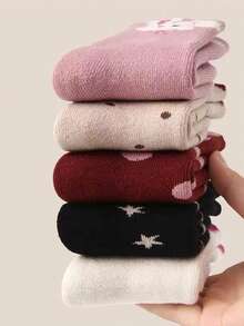 5 perechi de șosete calde pentru copii, șosete termice cu căptușeală de iepure drăguț cu desene animate, groase pentru toamnă/iarnă