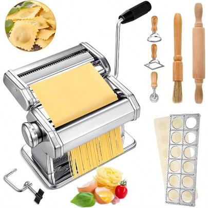 8 Pcs Pasta Maker Hine Set Including Stainl Steel Noodle Maker Hine Wood Pasta Drying Rack Ravioli Stamp Maker Cutter With Pasta Cutter Wheel Mini Rolling Pin Cleaning Brush