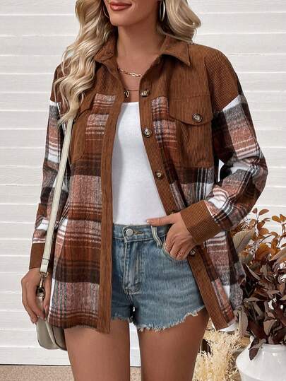 Women's Fashionable & Versatile Plaid Corduroy Button Front Long Sleeve Shirt Collar Jacket, Regular Length, Woven Fabric, Non-Stretch