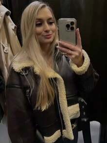 Women's 2025 Winter Warm Lamb Fur Splicing Artificial Leather Short Motorcycle Jacket Lapel Zipper Decoration Elegant Women's Streetwear - Màu nâu  Mocha - Xem 6