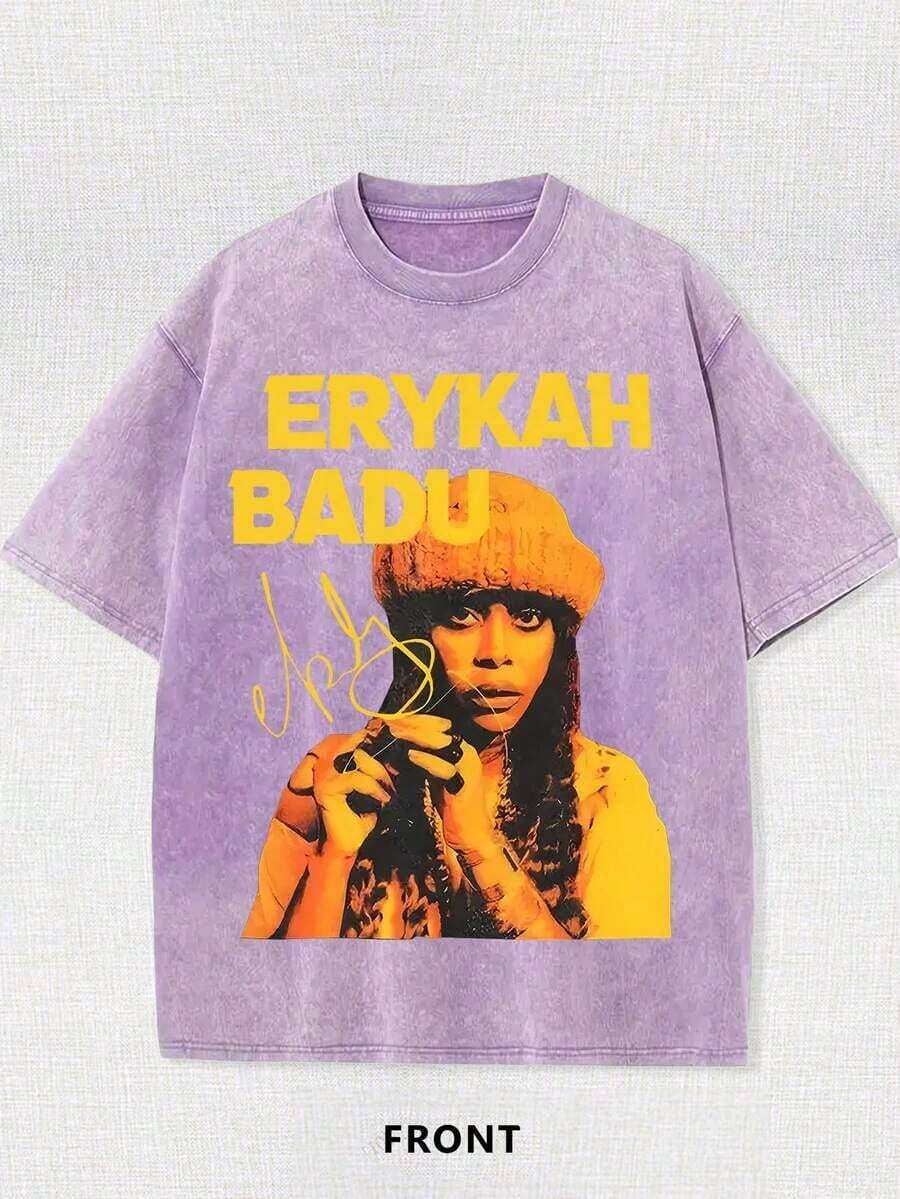 Wash With Water To Do The Old Craft! Erykah Badu Character Printed T-Shirt, Retro Soul Singer Element, Full Of Stree - 紫色 - 查看 1
