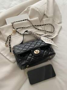 时尚菱形图案手提包，配有链条肩带，多功能单肩包 - 黑色 - 查看 3