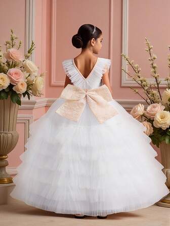 少女纯色V领网纱蕾丝蝴蝶结优雅舞会礼服，适合生日派对、宴会等场合，不含头饰