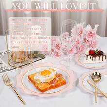 200PCS White And Gold Plastic Plates - Gold Plastic Plates - Include Dinner Dessert Disposable Party Plate - Fancy Disposable Plate WeddingThanksgivingBridal Shower - 粉紅色和金色 + 100 - 查看 3