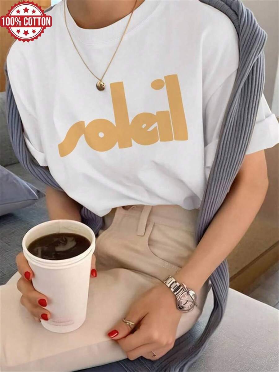 1PC 100% Cotton Soleil Letter Graphic Print Casual Short Sleeve TShirt, Women's Fashion Summer Top Tee,Soft Fabric Graphic Shirt - Blanco - Ver 1