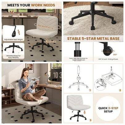 Wide Legged Office Chair, Adjustable Armless Office Chairs With No Wheels, Vanity Chair Criss Chair Swivel Computer Chairs, Beige