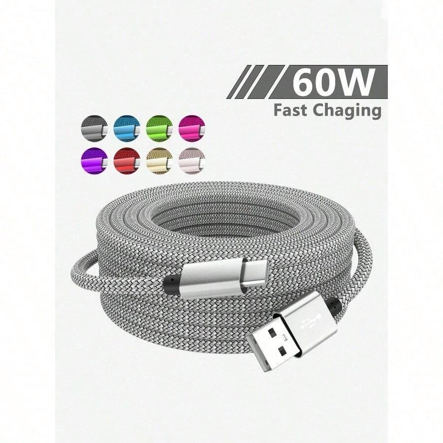 60W USB-A To Type-C Fast Charger Cable, USB Type-C Nylon Braided Mobile Phone Charging Data Cable, Compatible With Samsung Galaxy S25 S24 S23 S22 S21 S10, Note 20 10 9 A51 G8 G7, Pixel, One Plus And Other Mobile Phones Fast Charging USB C