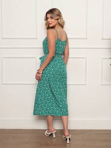 Women's Long Strap Dress | Crepe With Elastec L Little Flower I Off The Shoulder. Little Flowers Fabric With Belt Beach Holiday Wedding Home Garden Formal And Night Bachelorette Party - 墨綠色 - 查看 6