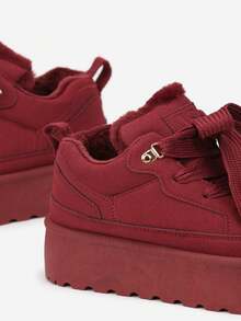 女士柔软仿毛皮厚底运动鞋，冬季休闲旅行鞋 - 酒紅色 - 查看 6