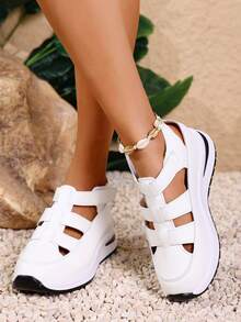 1 Pair Women's Thick Heel Sandals, Round Toe, Solid Color, Hollow Design, Hook And Loop Closure, Comfortable Casual Summer Wear, Suitable For Outdoor Walking, Sports, Shopping, Vacation, Beach And Various Occasions