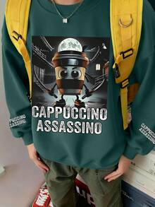 Tween Boy Back To School Cartoon Coffee Mug Character Print Crewneck Pullover Sweatshirt - Soft, Machine Washable, Versatile - Fall Winter Casual (Fashion Staple, Halloween ) - Green - View 5