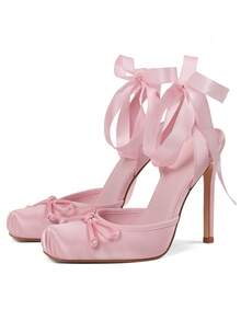 Ballet Mary Janes Light Pink High Heels For Women Square Toe Satin Lace Up Ballerina Stiletto Heels With Bow Elegant Wedding Party Slingback Pump Heels For Women  - Màu Hồng baby - Xem 2