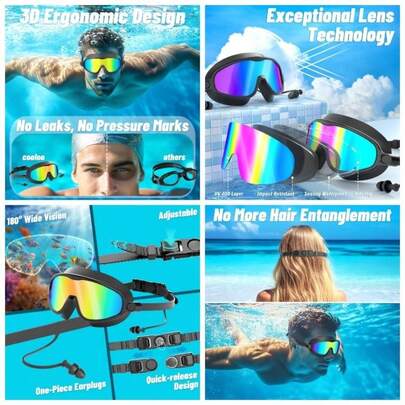 Swimming Goggles 2 Pack, Wide View No Leaking Swim Goggles With Earplugs, Anti - Fog Anti - Adult Goggles Men Women Youth