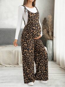 Maternity Leopard Print Sleeveless Jumpsuit, Adjustable Straps, Polyester, Elegant & Comfortable Versatile, Suitable For Daily Wear, Home, And Layering Summer Vacation - Coffee Brown - View 4