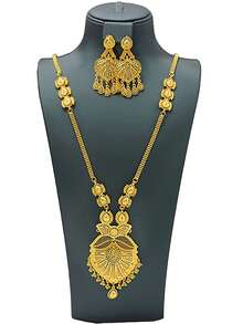 Luxurious 2PCS Alloy Jewelry Set With 24K Gold Plating, Suitable For Arab Women To Wear For Weddings And Fashion, Including Earrings And A Necklace As A Gift. - Yellow Gold - View 2